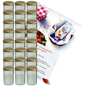 24er Set Sturzglas 435 ml Marmeladenglas Einmachglas Einweckglas To 82 goldener Deckel incl. Diamant-Zucker Gelierzauber Rezeptheft_Bild_1