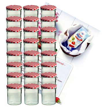 24er Set Sturzglas 350 ml Marmeladenglas Einmachglas Einweckglas To 82 rot karierter Deckel incl. Diamant-Zucker Gelierzauber Rezeptheft_Bild_1