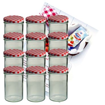 12er Set Sturzglas 435 ml Marmeladenglas Einmachglas Einweckglas To 82 rot karierter Deckel incl. Diamant-Zucker Gelierzauber Rezeptheft_Bild_1