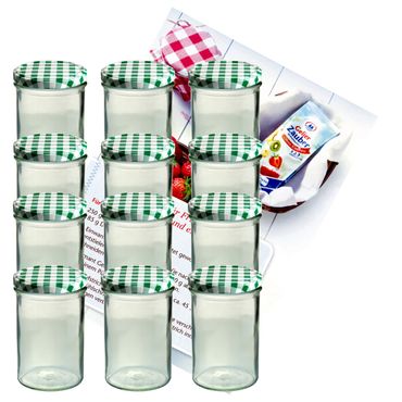 12er Set Sturzglas 435 ml Marmeladenglas Einmachglas Einweckglas To 82 grün karierter Deckel incl. Diamant-Zucker Gelierzauber Rezeptheft_Bild_1