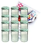 12er Set Sturzglas 435 ml Marmeladenglas Einmachglas Einweckglas To 82 grün karierter Deckel incl. Diamant-Zucker Gelierzauber Rezeptheft_Bild_1