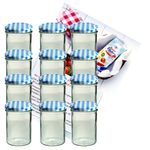 12er Set Sturzglas 435 ml Marmeladenglas Einmachglas Einweckglas To 82 blau karierter Deckel incl. Diamant-Zucker Gelierzauber Rezeptheft_Bild_1