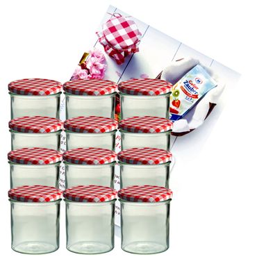 12er Set Sturzglas 350 ml Marmeladenglas Einmachglas Einweckglas To 82 rot karierter Deckel incl. Diamant-Zucker Gelierzauber Rezeptheft_Bild_1