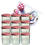 12er Set Sturzglas 350 ml Marmeladenglas Einmachglas Einweckglas To 82 rot karierter Deckel incl. Diamant-Zucker Gelierzauber Rezeptheft_Bild_1