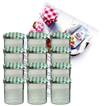 12er Set Sturzglas 350 ml Marmeladenglas Einmachglas Einweckglas To 82 grün karierter Deckel incl. Diamant-Zucker Gelierzauber Rezeptheft_Bild_1