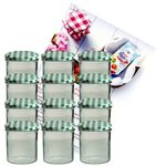12er Set Sturzglas 350 ml Marmeladenglas Einmachglas Einweckglas To 82 grün karierter Deckel incl. Diamant-Zucker Gelierzauber Rezeptheft_Bild_1