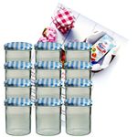 12er Set Sturzglas 350 ml Marmeladenglas Einmachglas Einweckglas To 82 blau karierter Deckel incl. Diamant-Zucker Gelierzauber Rezeptheft_Bild_1