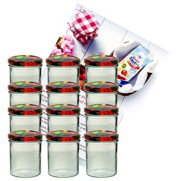 12er Set Sturzglas 350 ml Marmeladenglas Einmachglas Einweckglas To 82 Obst Deckel incl. Diamant-Zucker Gelierzauber Rezeptheft_Bild_2