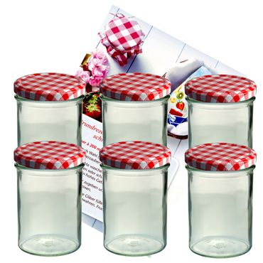 6er Set Sturzglas 435 ml Marmeladenglas Einmachglas Einweckglas To 82 rot karierter Deckel incl. Diamant-Zucker Gelierzauber Rezeptheft_Bild_1