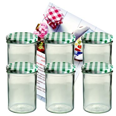 6er Set Sturzglas 435 ml Marmeladenglas Einmachglas Einweckglas To 82 grün karierter Deckel incl. Diamant-Zucker Gelierzauber Rezeptheft_Bild_2
