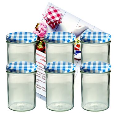 6er Set Sturzglas 435 ml Marmeladenglas Einmachglas Einweckglas To 82 blau karierter Deckel incl. Diamant-Zucker Gelierzauber Rezeptheft_Bild_2