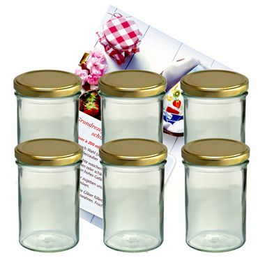 6er Set Sturzglas 435 ml Marmeladenglas Einmachglas Einweckglas To 82 goldener Deckel incl. Diamant-Zucker Gelierzauber Rezeptheft_Bild_1
