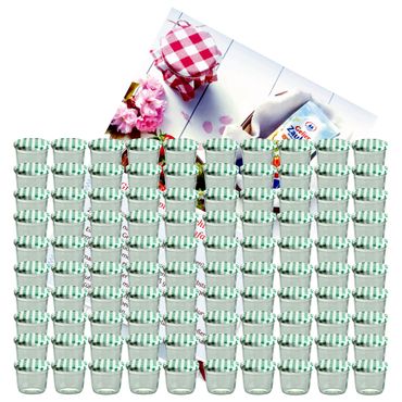 100er Set Sturzglas 230 ml Marmeladenglas Einmachglas Einweckglas To 82 grün karierter Deckel incl. Diamant-Zucker Gelierzauber Rezeptheft_Bild_2