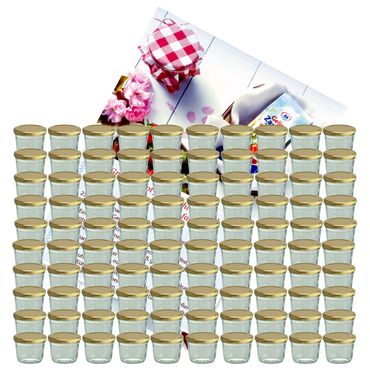 100er Set Sturzglas 230 ml Marmeladenglas Einmachglas Einweckglas To 82 goldener Deckel incl. Diamant-Zucker Gelierzauber Rezeptheft_Bild_1