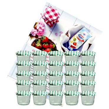 25er Set Sturzglas 230 ml Marmeladenglas Einmachglas Einweckglas To 82 grün karierter Deckel incl. Diamant-Zucker Gelierzauber Rezeptheft_Bild_1