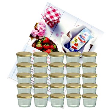 25er Set Sturzglas 230 ml Marmeladenglas Einmachglas Einweckglas To 82 goldener Deckel incl. Diamant-Zucker Gelierzauber Rezeptheft_Bild_1