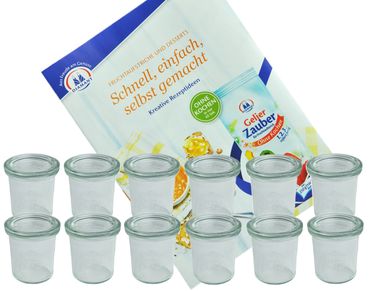 12er Set Weck Gläser 140 ml Sturzgläser mit 12 Glasdeckeln incl. Diamant-Zucker Gelierzauber Rezeptheft_Bild_1