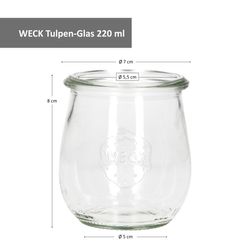 Weck-Tulpen-Glas-220ml-Bemassung.jpg 48er Set Weck Gläser 220 ml Tulpengläser mit 48 Glasdeckeln incl. Diamant-Zucker Gelierzauber Rezeptheft_Bild_6