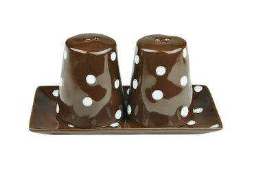 3tlg. Set Salzstreuer + Pfefferstreuer + Untersetzer braun weiß gepunktet - handgefertigte Gewürzstreuer aus Steingut_Bild_3