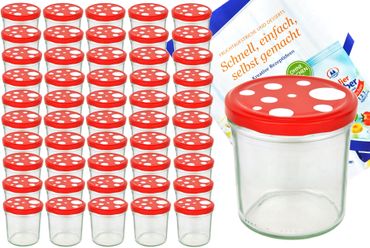 50er Set Sturzglas 350 ml To 82 Fliegenpilz Deckel rot weiß gepunktet incl. Diamant Gelierzauber Rezeptheft_Bild_3