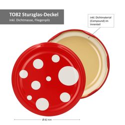 TO-82-Deckelmotive-Fliegenpilz-Bemassung.jpg 50er Set Deckel To 82 Fliegenpilz rot weiß gepunktet passend für 230ml / 350ml / 435ml Gläser_Bild_2