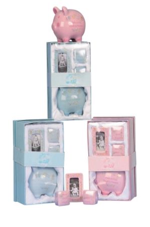 Baby-Set 27x17cm Sparschwein, Fotorahmen+2 Dosen Blau o. Rosa Stückp.