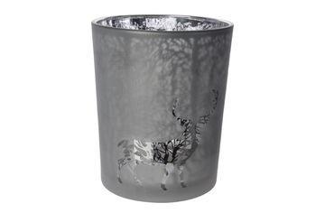 Teelichthalter  Glas Windlicht Laser Hirsch grau Ø 10 x 12,5 cm