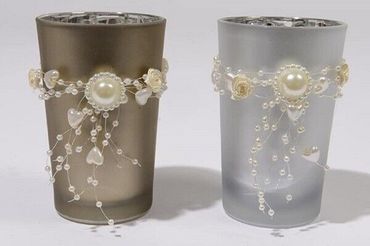 Windlicht Teelicht Hochzeit Glas Perlen silber matt gold2er Set