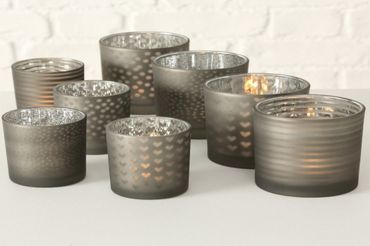 Windlicht Teelichthalter Glas grau H 8/10 cm 1 Set 2er Set