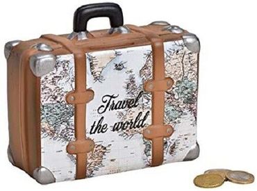 Spardose Sparschwein Sparbüchse Koffer Travel the world 14x13x6 cm