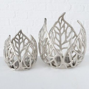 Windlicht Blattförmig mit Glaszylinder H 16-23 cm Aluminium silber 2er Set