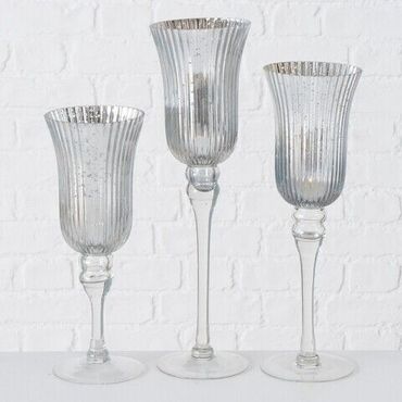 Windlicht Manou  Glas lackiert silber H 30-40 cm 3er Set