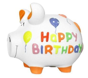 KCG  Spardose Sparschwein Urlaubskasse Glücksschwein Happy Birthday