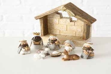 LED-Krippe 10 teilig H 17cm braun Kunstharz 1 LED 