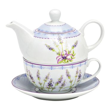 Teekannen-Set mit Tasse Teller Porzellan Lavendel Design  Teatime 3tlg