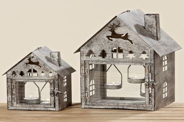 Kerzenlaterne Udine Haus Eisen H23/36 cm grau 2er Set