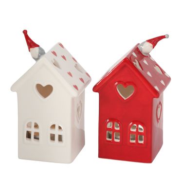 Windlicht Lola Haus Steingut rot/weiß H.13 cm 2er Set