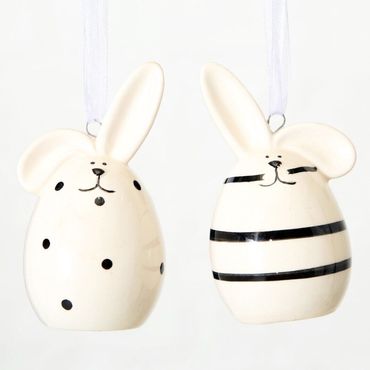 Hänger Hase Ei Ostern Steingut weiß/schwarz  2er Set