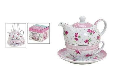 Teekannen-Set Rosen mit Tasse Teller Porzellan rosa 3tlg