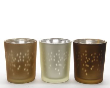 Teelichthalter Glas Laser Sterne hellbraun H.6,5 Ø 5,5 cm 3er Set