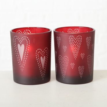 Windlicht Teelicht Glas lackiert rot mit Herzen H 12 cm  Stückpreis
