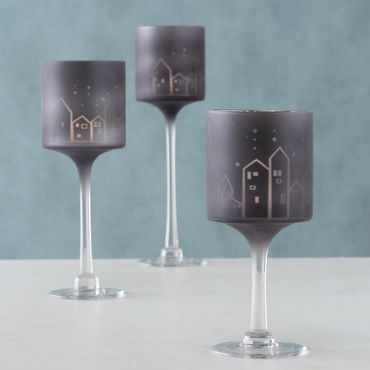 Windlicht Deko Glas lackiert schwarz Haus Motiv H 20-30 cm Ø 10 cm 3er Set