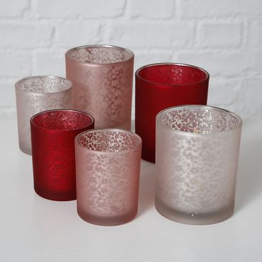 Windlicht Fleuri Glas lackiert rot/rose/weiß H 8/10cm  2er Set