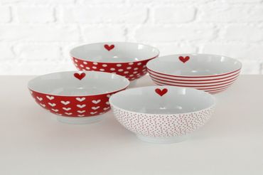 Schale Müslischüssel Herz Lola H 8 cm Ø 14 cm 500 ml rot weiß Porzellan 4er Set