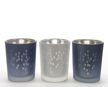 Teelichthalter Glas Laser Sterne blau weiß H.6,5 Ø 5,5 cm 3er Set