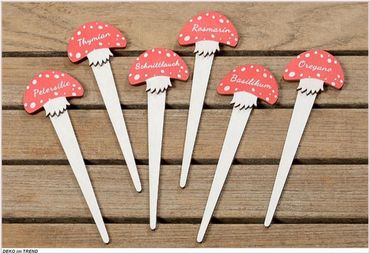 Gartenstecker Kräuterstecker Pilz Design Holz Beschriftung 6er Set