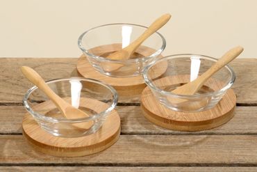 Servierplatte Glas Tablett Holzuntersetzter Löffel 9 teilig