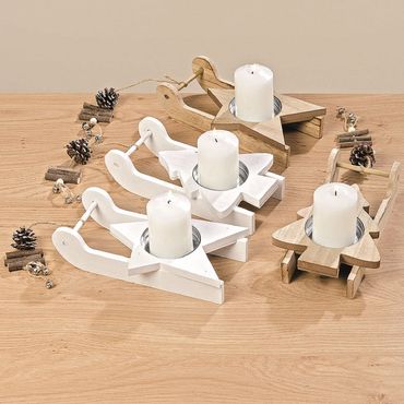 Teelichthalter Schlitten Holz L25 cm 2 sortier weiß natur 2er Set