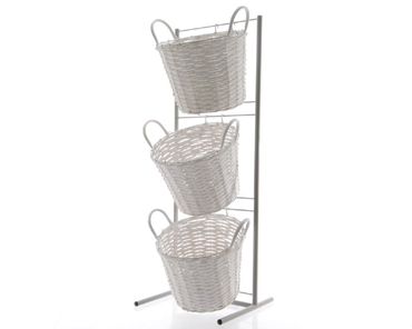 Eisenregal mit drei Weidenkörbe weiß Verkaufständer 41 x 37x 116 cm