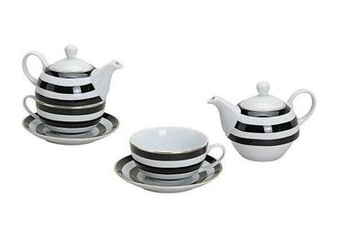 Teekannen-Set mit Tasse Teller Porzellan Streifen schwarz weiß 3tlg